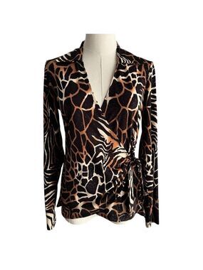 Vintage Y2K 2000s Animal Print Wrap Top Sz S Brown Giraffe Glitter Tie Waist EUC